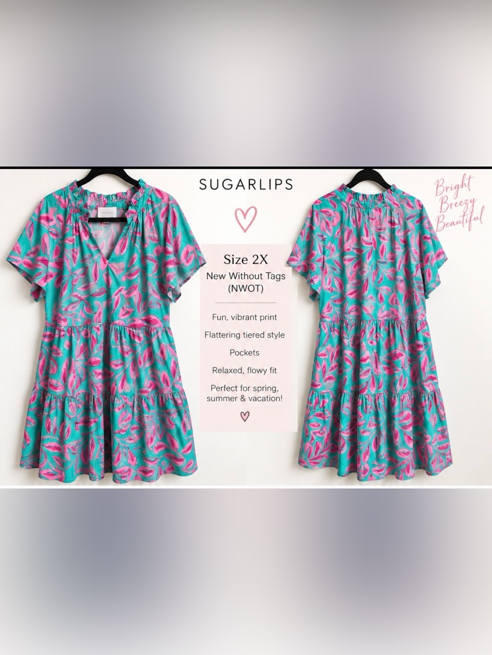 Sugarlips 2X Turquoise Pink Botanical Tiered Dress Pockets NWOT